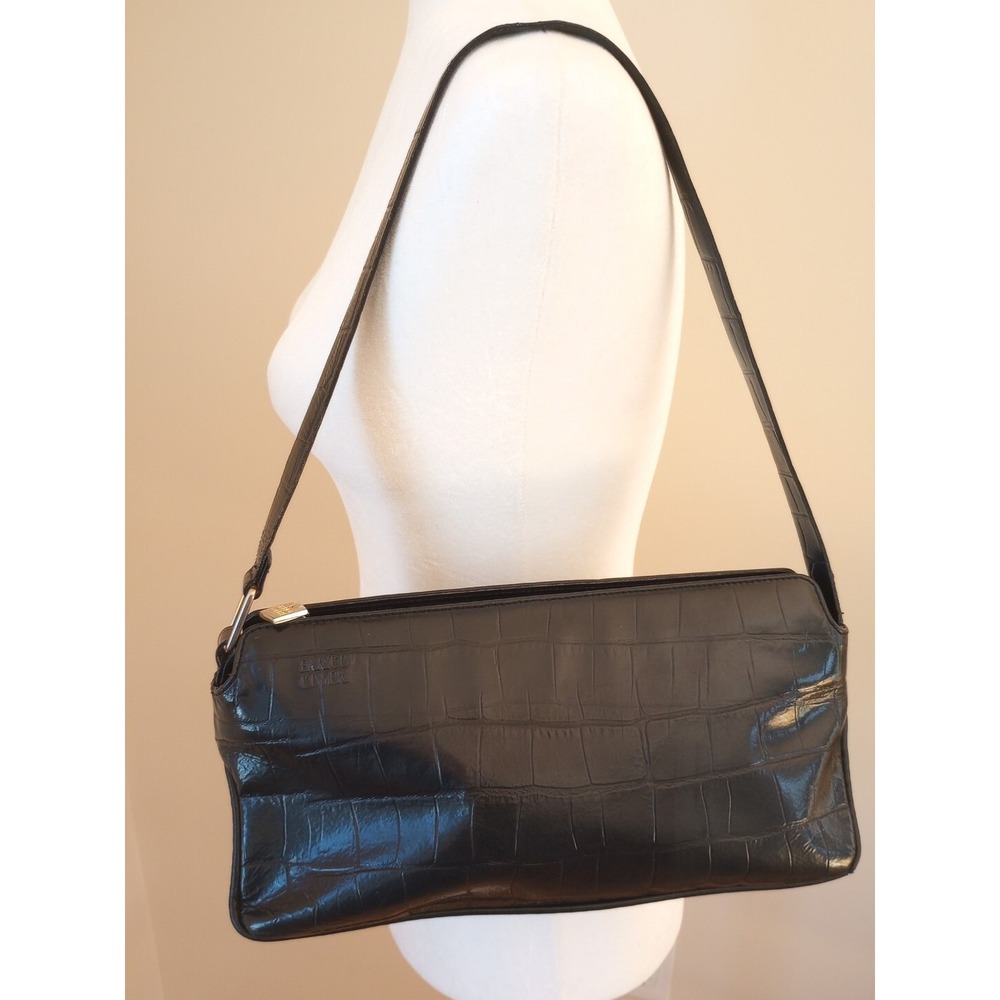 Enrico Coveri VTG (Y2K) Leather Shoulder Bag Croc Embossed Pattern Black